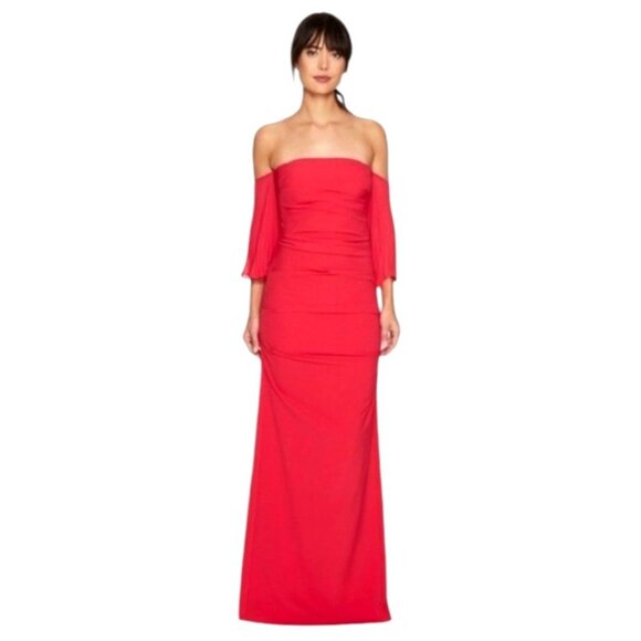 Nicole Miller Dress Women 10 Red Crepe Off Shoulder Pleated Sleeve Ruched Gown - Picture 1 of 13